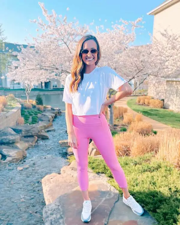 White Tee with Pink Leggings + Sneakers + Sunglasses
