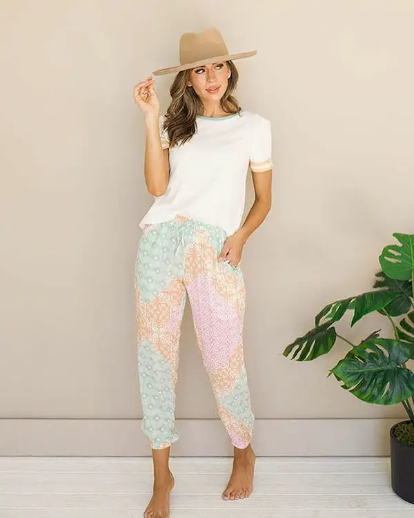 White Top with Floral Joggers + Hat