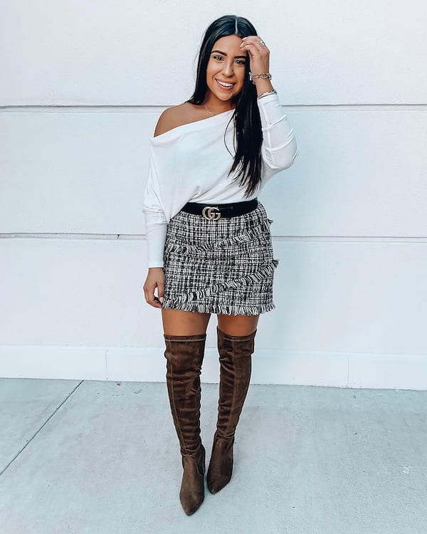 White Up-shoulder Shirt with Black Belt + Mini Skirt with Thigh-High Boots