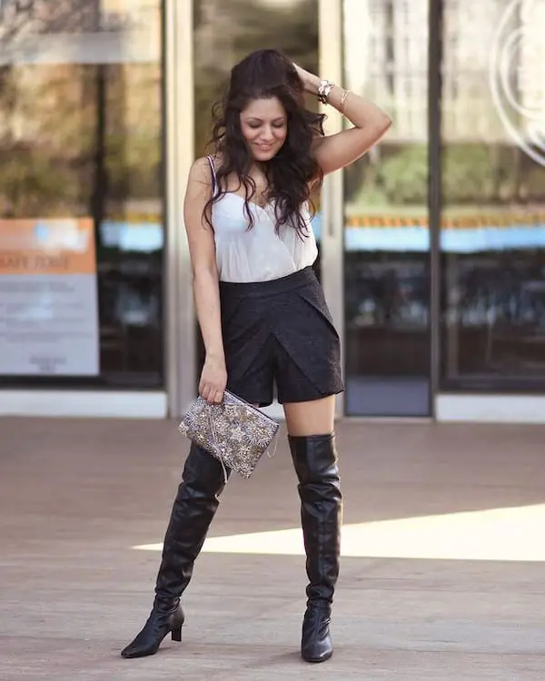 White Vest with Black Shorts + Thigh Knee Boots + Clutch Purse