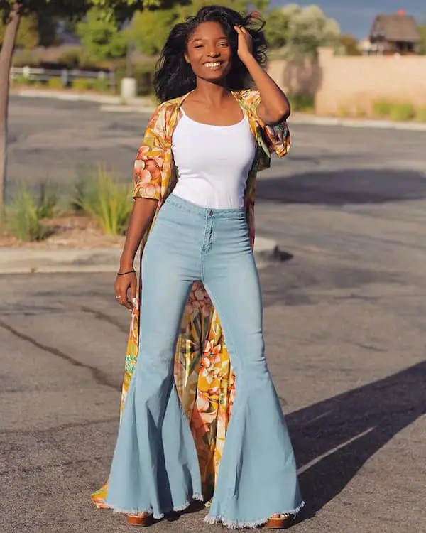 White Vest with Floral Kimono + Ripped Jean Pants + Heels