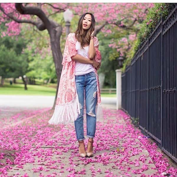 White Vest with Floral Kimono + Ripped Jean Pants + Heels