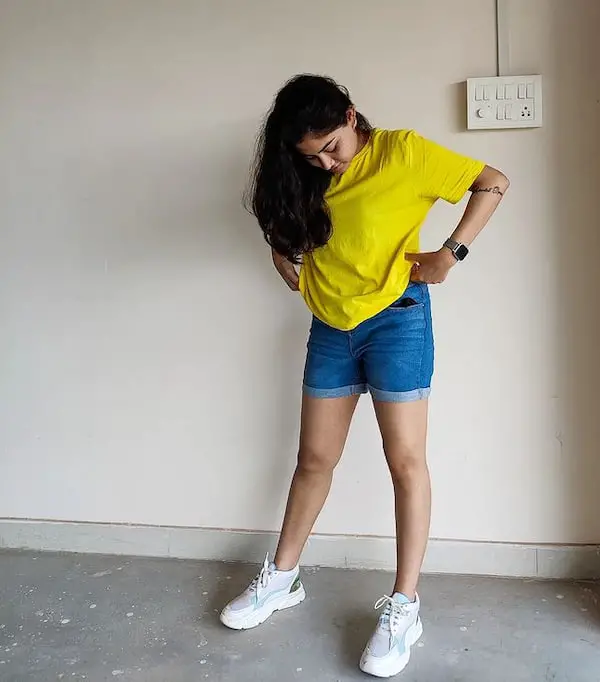 Yellow T-shirt with Denim Shorts + Sneakers