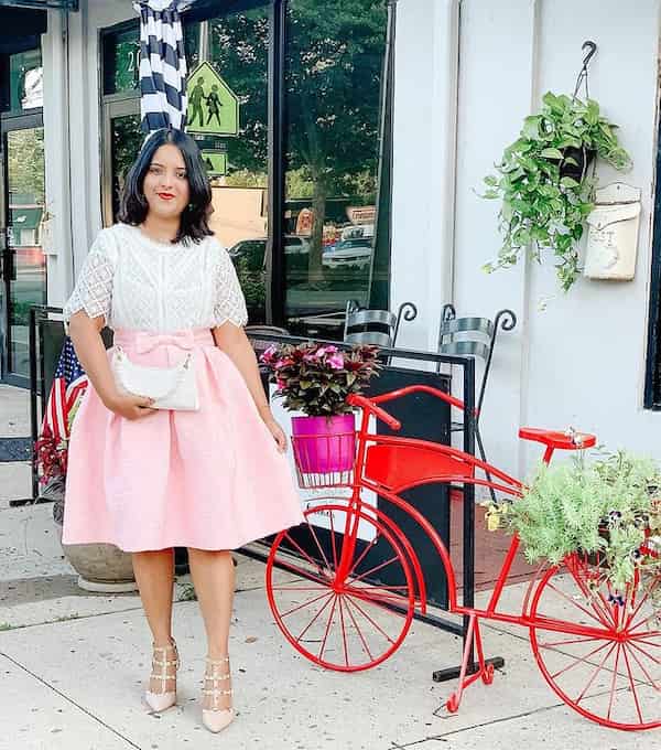 Baby Pink High Waist Skirt with White Lace Shirt + Pink Heels + White Clutch Purse