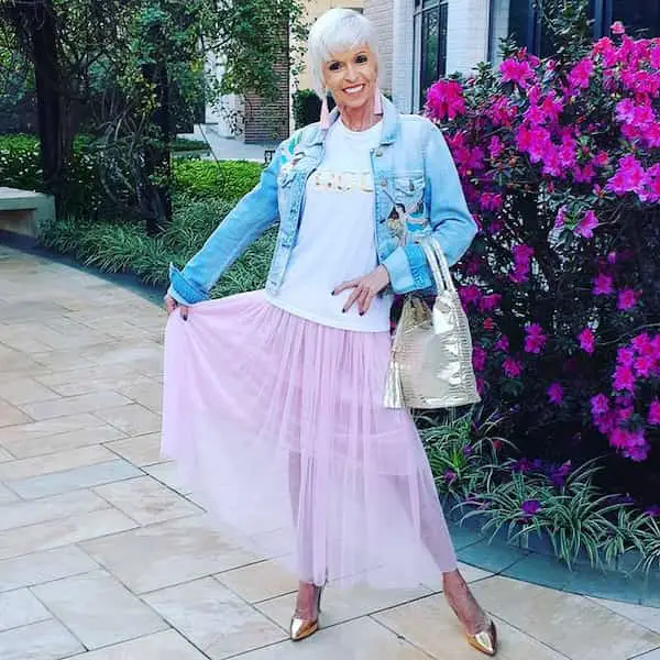 Baby Pink Transparent Maxi Skirt with White Graphic Shirt + Denim Jacket + Gold Heels + Handbag