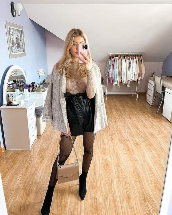 Black Boots and Leather Skirt with Peach Top + Ash Blazer