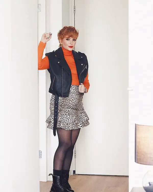 Black Chelsea  Boots and Leopard Prints Skirt with Orange Long Sleeve Shirt + Black Denim Jacket