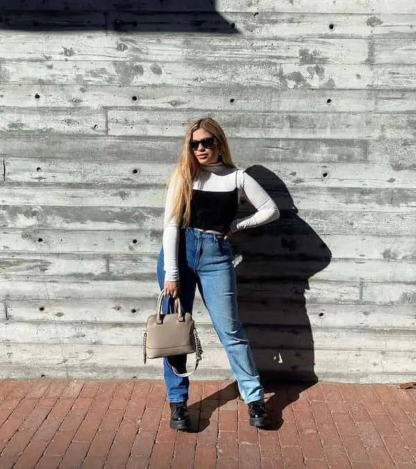Black Combat Boots and Blue Jeans with White Long Sleeve Crop Top + Black Knit-Top Stitching Tank Top + Brown Handbag + Sunglasses