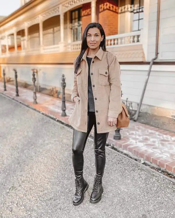 Black Combat Boots and Faux Leather Leggings with Black Shirt + Tan Jacket + Brown Handbag