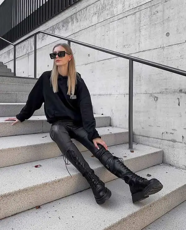Black Combat Boots and Leather Leggings with Black Sweater + Sunglasses