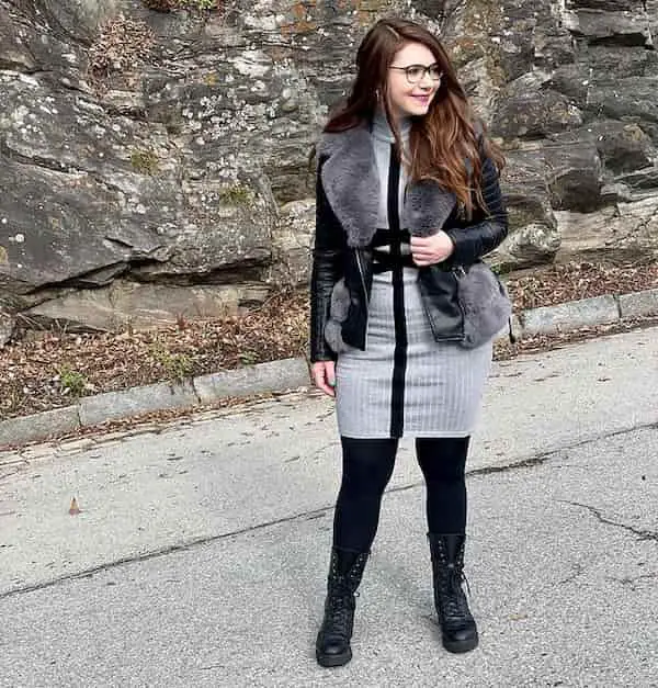 Black Combat Boots and Leggings with Ash Tight Short Dress + Leather Jacket + Sunglasses