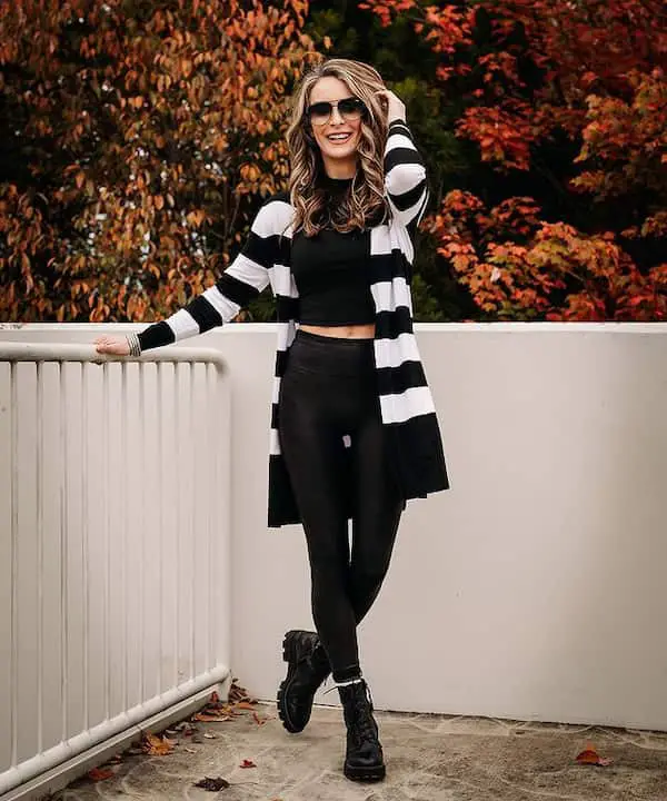 Black Combat Boots and Leggings with Black Crop Top + Black and White Cardigan + Sunglasses