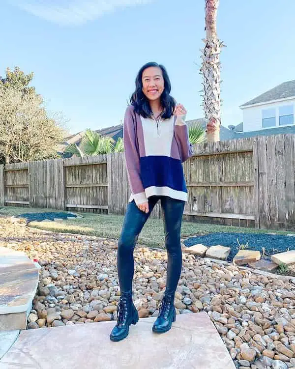 Black Combat Boots and Leggings with Color Block Sweater