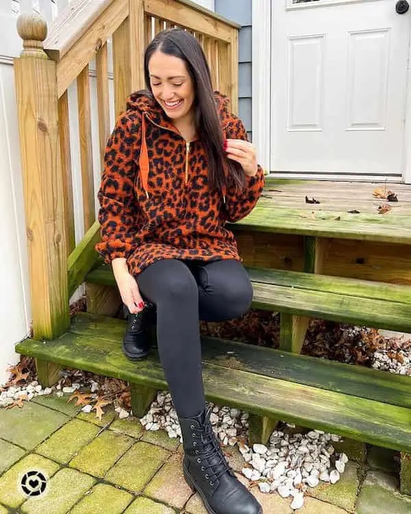 Black Combat Boots and Leggings with Leopard Sherpa Pullover