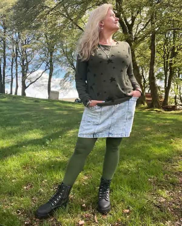Black Combat Boots and Short Denim Skirt with Green Shirt + Green Leggings