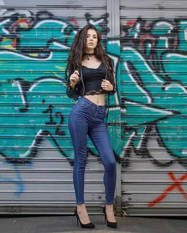 Black Heels and Blue High Waist Jeans with Black Crop Top