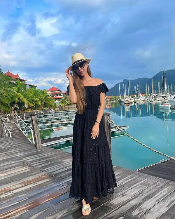 Black Maxi Dress with Sandals + Hat + Sunglasses