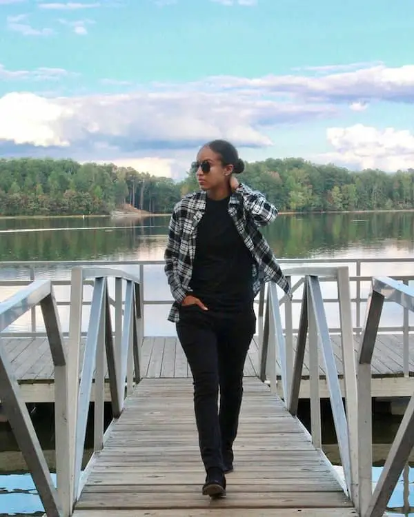 Black Shirt with Flannel Shirt + Black Pants + Boots + Sunglasses