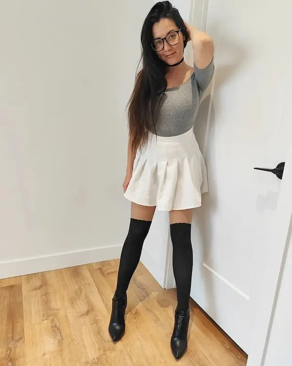 Black Thigh High Boots and White Flared Mini Skirt with Ash Shirt