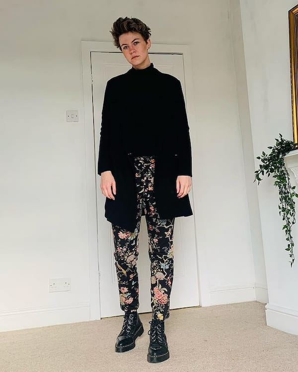 Black Top with Black jacket + Floral Pants + Boots