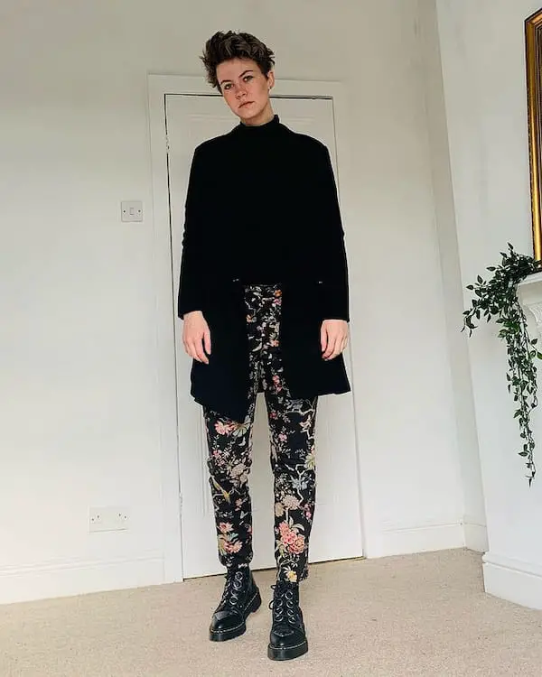 Black Top with Black jacket + Floral Pants + Boots