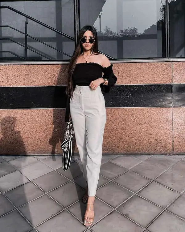 Black Top with High Waist Pants + Heels + Handbag + Sunglasses