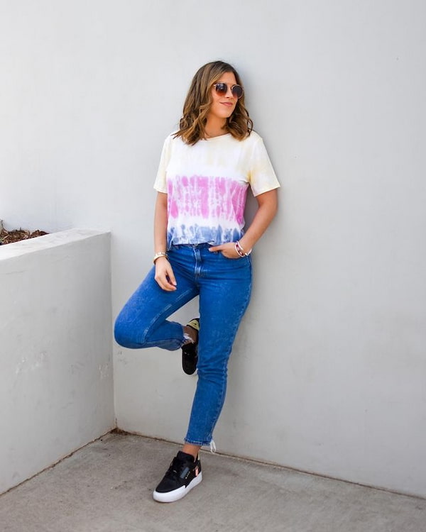Blue High Waist Jeans and Black Sneakers with tri-coloured Shirt + Sunglasses