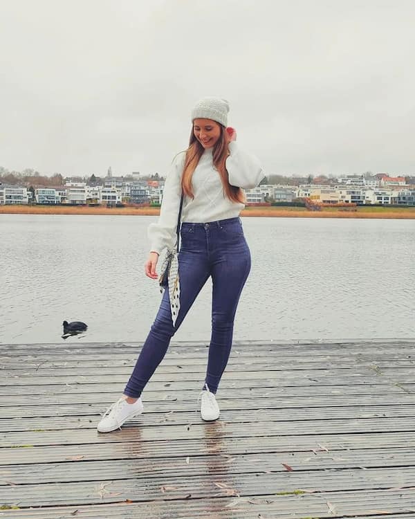 Blue High Waist Jeans and White Sneakers with Off-White Sweater + Sweat Cap