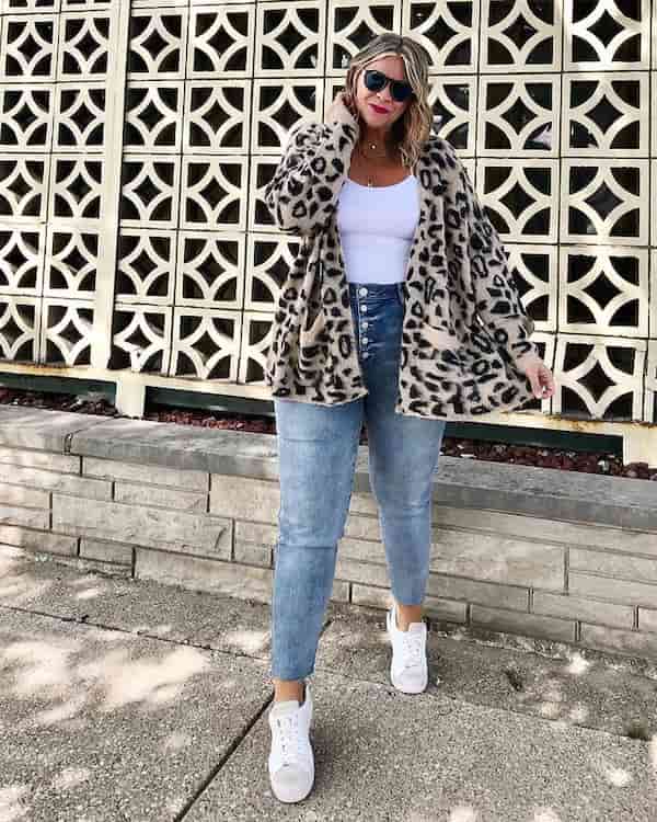 Blue High Waist Jeans and White Sneakers with White Shirt + Animal Skin Jacket + Sunglasses