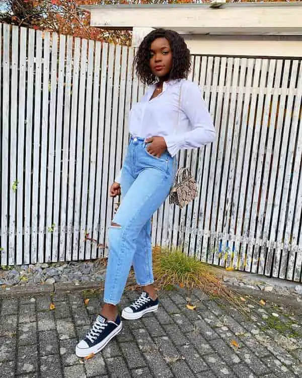 Blue High Waist Jeans and White and Black Sneakers with White Long Sleeve Shirt + Handbag
