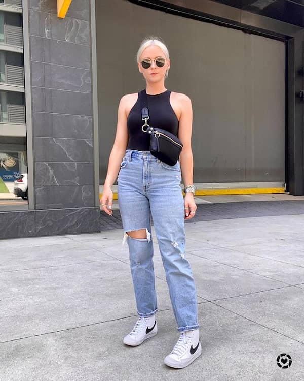 Blue High Waist Ripped Jeans with White Sneakers + Black Tank  Top + Cross Body Bag + Sunglasses