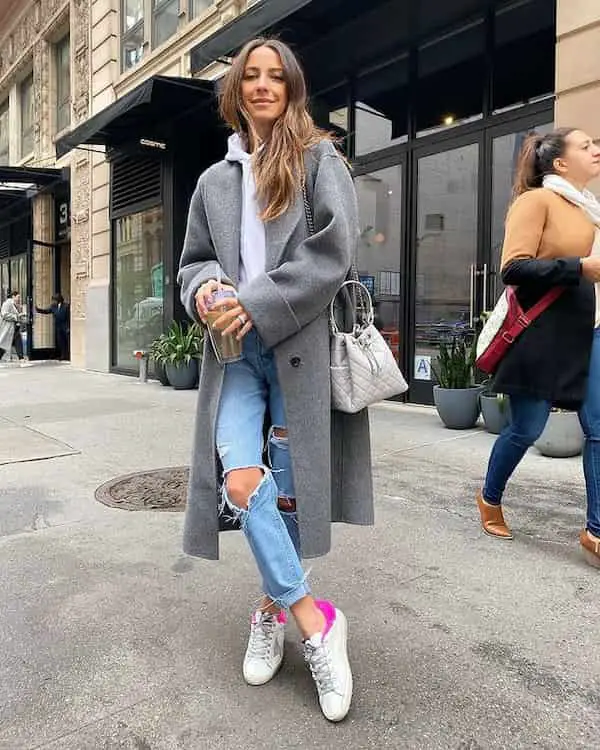 Blue Ripped Jeans and White Sneakers with White Sweater + Trench Coat + Handbag