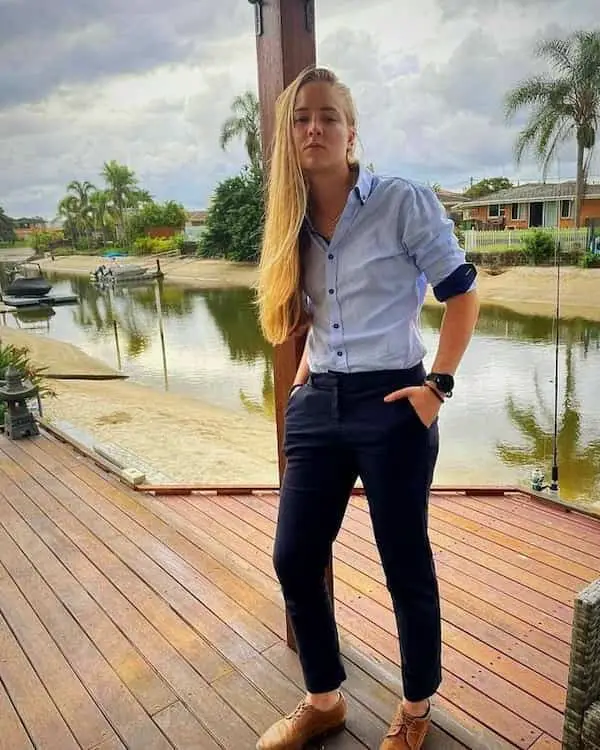 Blue Shirt with Navy Blue Pants + Boots