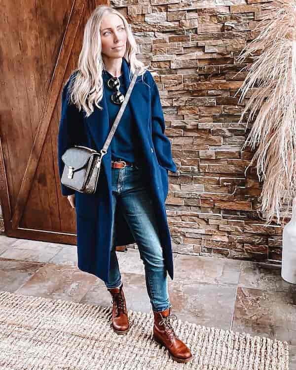 Brown Combat Boots and Blue Jeans with Blue Shirt + Blue Trench Coat + Black Handbag