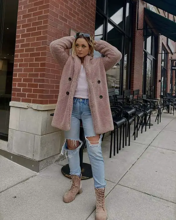 Brown Combat Boots and Ripped Blue Jeans with Baby Pink Shirt + Fur Coat + Sunglasses