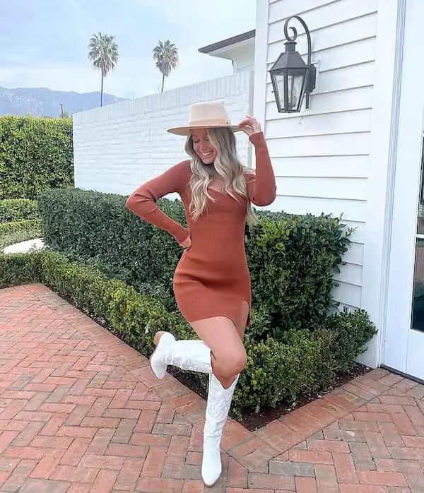 Brown Mini Dress with High-High Cowboy Boots + Hat