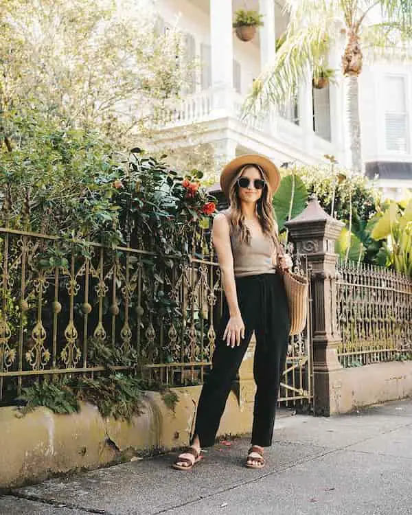 Brown Vest with Black Free Pants + Slippers + Hat + Basket Bag + Sunglasses