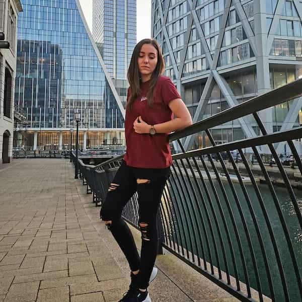 Burgundy Shirt with Black Ripped Jeans + Sneakers