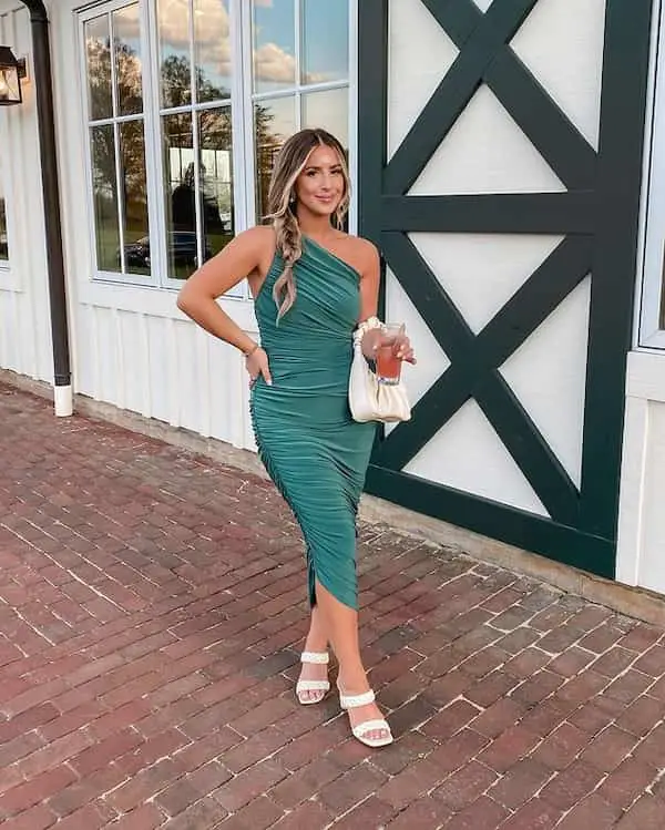 Deep Green Sleeveless Dress with Heels + Handbag