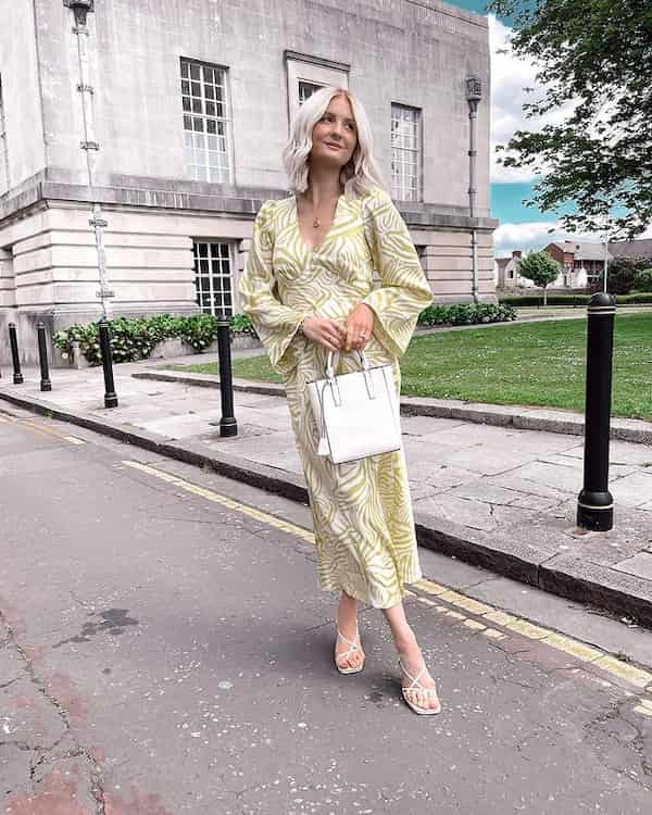 Floral Midi Dress with Heels + Handbag
