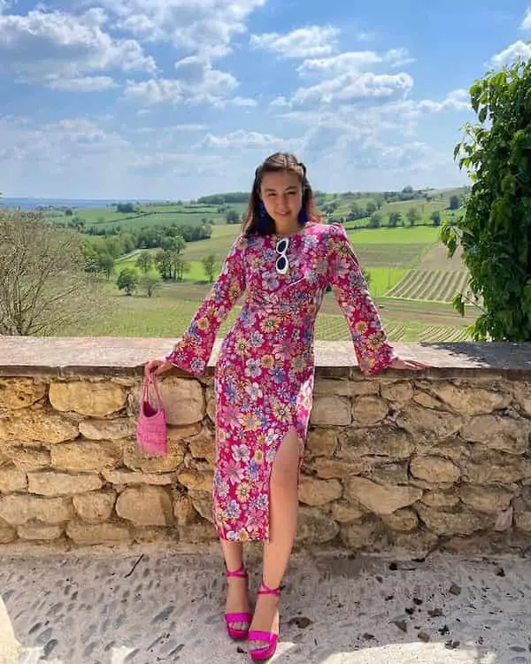 Floral Midi Dress with Heels + Handbag