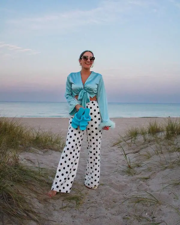 Green Feather Crop Top with Polka Dot Pants + Heels + Sunglasses