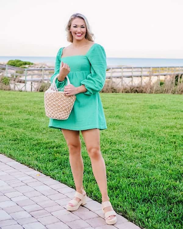 Green Mini Dress with Wedge Shoes + Basket Handbag