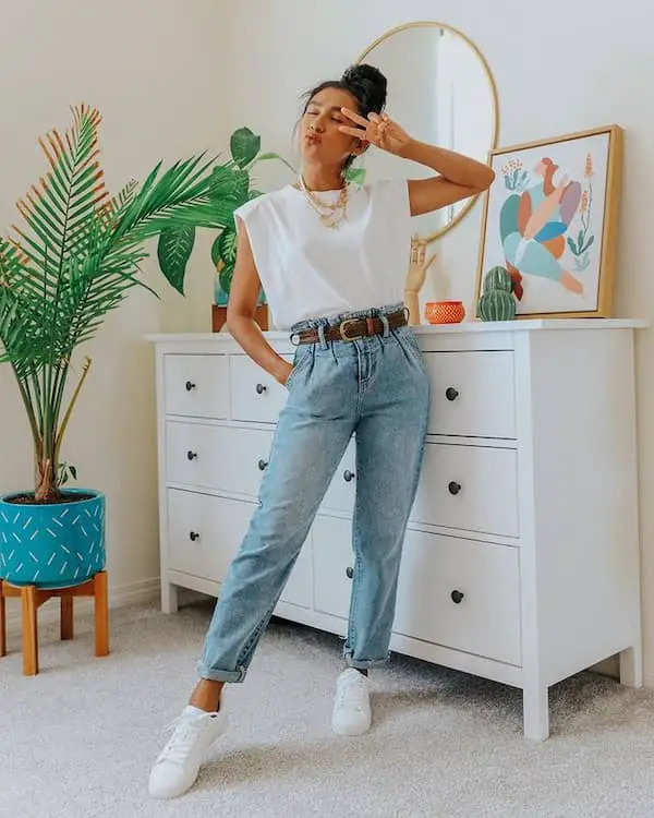 High Waist Blue Jeans and White Sneakers with White Shirt
