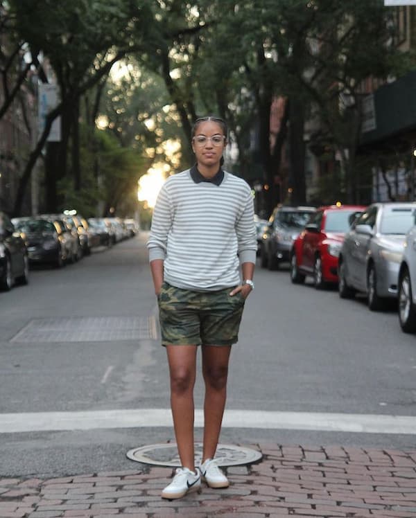 Line Striped Shirt with Camo Shorts + Sneakers
