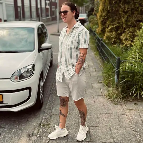 Line Striped Shirt with Neutral Colored Shorts + Sneakers + Sunglasses