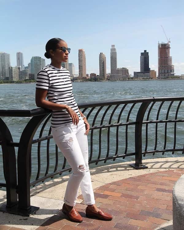 Line Striped Shirt with White Ripped Pants + Loafers + Sunglasses