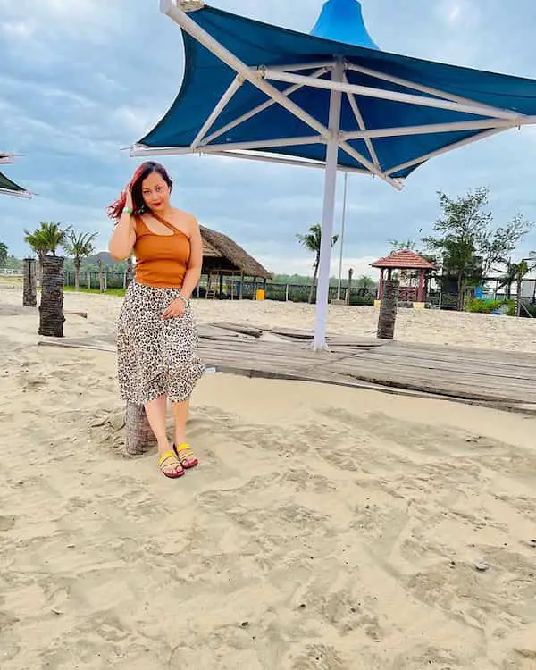 Orange Top with Floral Cotton Skirt + Slippers