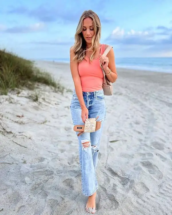 Orange Top with Ripped Jeans + Slippers + Handbag