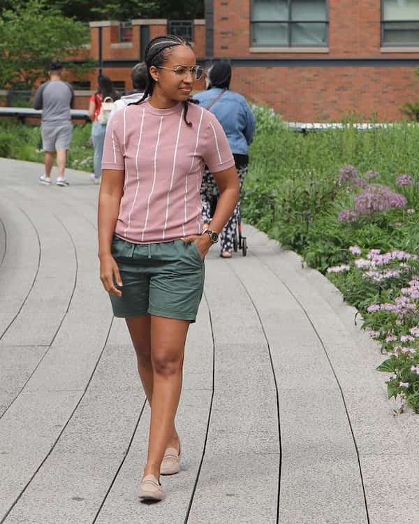 Peach Shirt with Drawstring Shorts + Loafers + Sunglasses